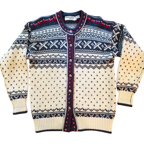 Vintage Fair Isle Nordic Sweater Size 38 Button Front Cardigan Wool Woodstock - Picture 1 of 15